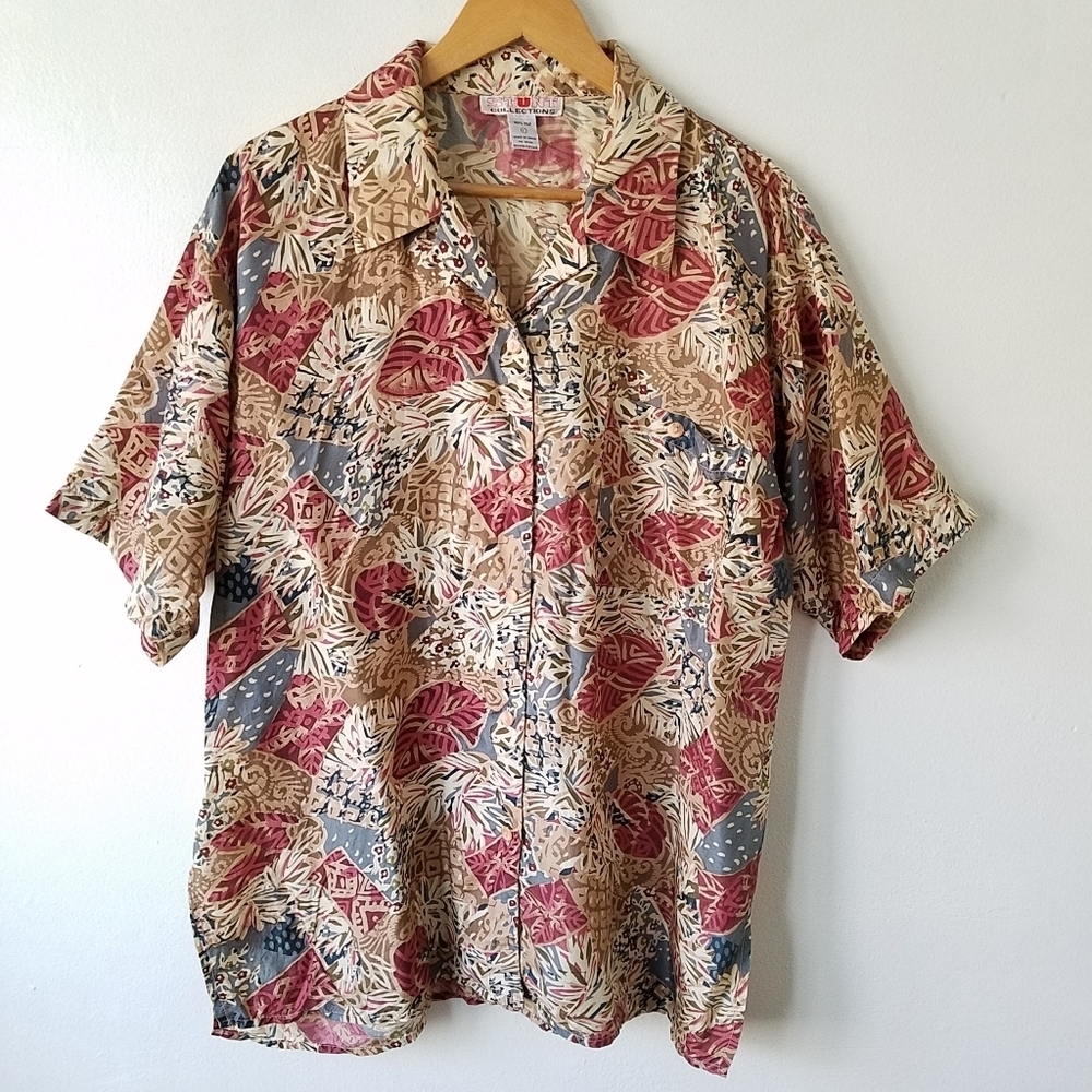 Vintage 80s Stunt Collection 100% Silk Floral Artsy Button Front Shirt Large